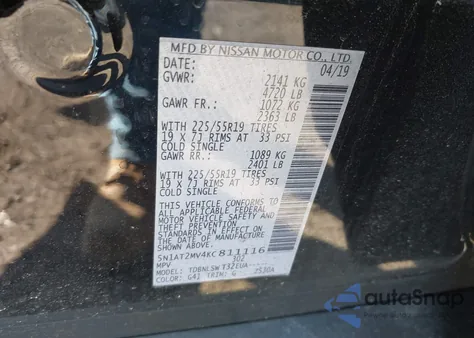 2019 Nissan Rogue Sl z USA, uszkodzony, nr VIN 5N1AT2MV4KC811116